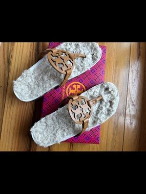 Tory Burch Tan Leather Logo Shearling Flip Flops with Cream Footbed